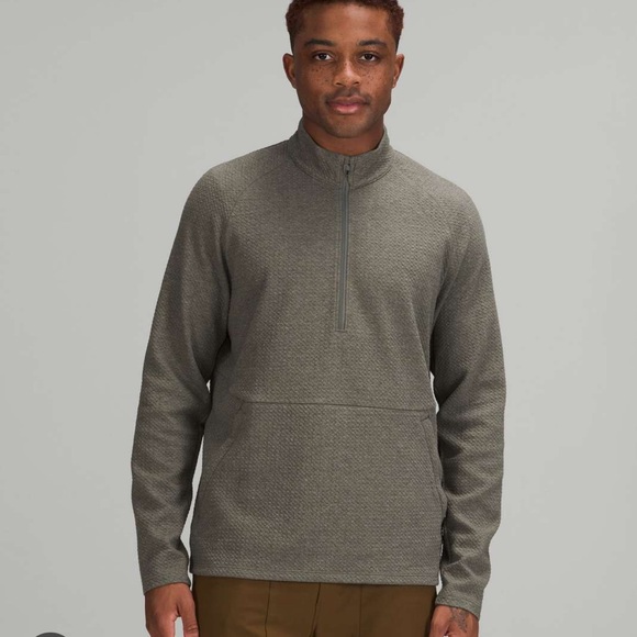 lululemon athletica Men's Heathered Grey/Green At Ease 1/4 Zip Hoodie Sweater - Picture 1 of 6